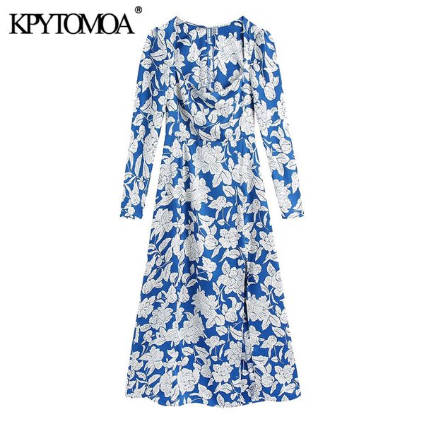 Femmes Chic Mode Floral Imprimer Avant Fente Midi Robe Vintage Col Carré À Manches Longues Femme Robes Mujer 210416