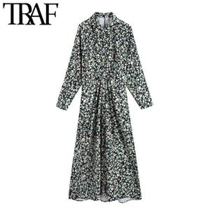 Femmes Chic Mode Floral Print Plissé Midi Robe Vintage Manches Longues Bouton-up Robes Femelles Robes Mujer 210507