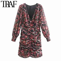 Femmes Chic mode imprimé fleuri plissé Mini robe Vintage à manches longues dos fermeture éclair femmes robes Vestidos Mujer 210507