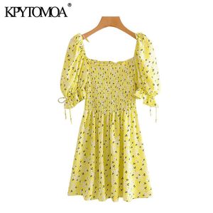 Femmes Chic mode imprimé fleuri plissé Mini robe Vintage manches bouffantes taille élastique femmes robes Vestidos 210416