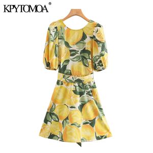 Vrouwen chique mode fruit print met riem mini jurk vintage bacless flow mouwen vrouwelijke jurken vestidos mujer 210416