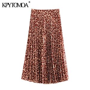Mujeres Chic Moda Leopardo Estampado Plisado Midi Falda Vintage Alto Elástico Cintura Animal Patrón Faldas Femeninas Mujer 210416