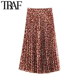 Mujeres Chic Fashion Leopard estampado plisado Midi falda vintage High elástica Patrón de animales Faldas femeninas Mujer 210507