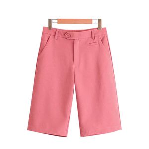 Vrouwen chique mode kantoor slijtage zijzakken rechte shorts vintage hoge taille rits vliegen vrouwelijke korte broek mujer 210521