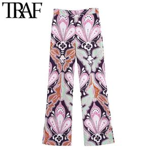 Femmes Chic Mode Paisley Imprimer Flare Pantalon Vintage Taille Haute Fermeture Éclair Latérale Femme Pantalon Mujer 210507