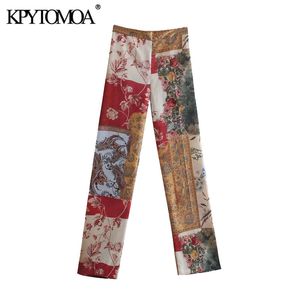 Vrouwen chique mode patchwork print wide-poot broek vintage hoge taille zijzakken vrouwelijke broek Mujer 210416