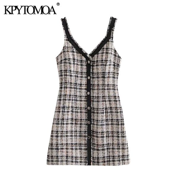 Femmes Chic Mode Patchwork Tweed Check Pinafore Robe V Cou Sans Manches Robes Femelles Robes Mujer 210420
