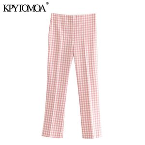 Femmes Chic Mode Plaid Flare Pantalon Vintage Taille Haute Élastique Zipper Fly Femme Cheville Pantalon Pantalones Mujer 210416