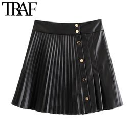 Minifalda Vintage de piel sintética plisada a la moda elegante para Mujer con botones a presión de Metal faldas femeninas Mujer 210507