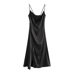 Femmes Chic Mode Côté Boutons Fente Confortable Midi Robe Vintage Dos Nu Fines Bretelles Femme Robes Vestidos Mujer