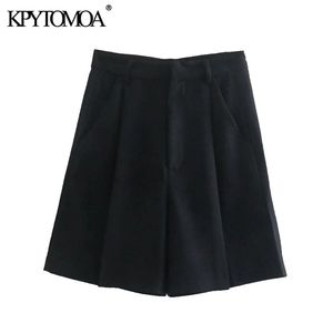 Vrouwen chique mode zijzakken geplooid bermuda shorts hoge taille rits vliegen vrouwelijke korte broek mujer 210420