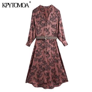 Vrouwen chique mode met riem dier print gezellige Midi jurk vintage v-hals knoop-up vrouwelijke jurken vestidos mujer 210416