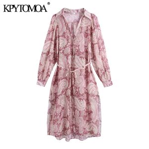 Vrouwen chique mode met riem paisley print chiffon midi jurk vintage lange mouw zijopeningen vrouwelijke jurken mujer 210416