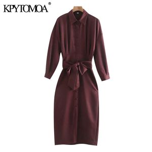 Vrouwen chique mode met riem geplooide midi shirt jurk vintage lange mouw knop-up vrouwelijke jurken vestidos mujer 210416