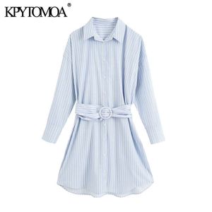 Mujeres elegante moda con cinturón rayas suelta mini camisa vestido vintage manga larga botón-up vestidos femeninos mujer 210416