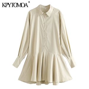 Vrouwen chique mode met knoppen gegolfd mini-shirt vintage lange mouwen geplooide vrouwelijke jurken vestidos mujer 210416