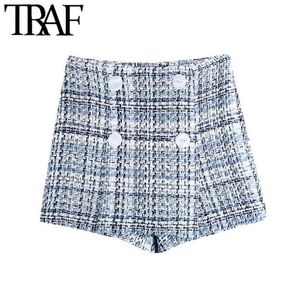 Femmes chics mode avec boutons Tweed Bermuda Shorts de majuscules Vintage haute taille haute taille Femme Skorts Mujer 210507