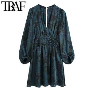 Femmes Chic Mode avec taille drapée Imprimer Mini Robe Vintage Col V Manches longues Robes féminines Robes Mujer 210507