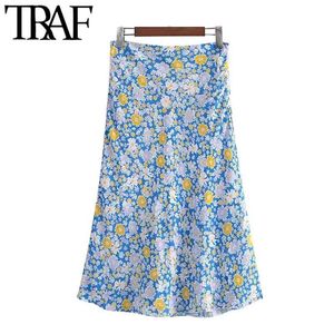 Vrouwen chique mode met voering bloemen print midi rok vintage hoge taille side rits vrouwelijke rokken mujer 210507