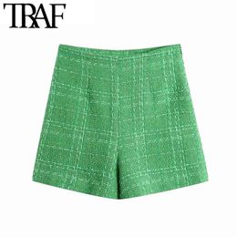 Femmes Chic Mode avec doublure Tweed Shorts Vintage taille haute dos fermeture éclair femme pantalon court Mujer 210507