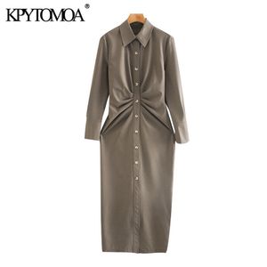 Vrouwen chique mode met geplooide manchetten gedrapeerd midi shirt jurk vintage lange mouw knop-up vrouwelijke jurken mujer 210416