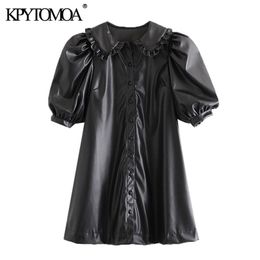 Femmes Chic Mode Avec Volants Faux Cuir Mini Robe Vintage Manches Bouffantes Bouton-up Femme Robes Vestidos 210416