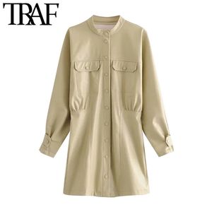Femmes Chic Mode avec onglets Faux Cuir Mini Robe Vintage Manches longues Boutons-pression Robes féminines Robes 210507