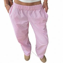 dames chique fi gestreepte broek met zakken casual elastische taille wijde pijpen broek vintage joggingbroek jaren 2000 retro streetwear a8ZX #