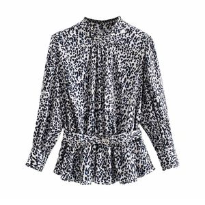 Mujeres chic suelta patrón animal blusa leopardo estampado fajas camisa de manga larga femenina elegante tops blusas 210430