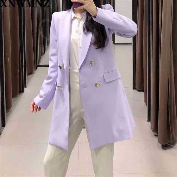 Femmes Chic Violet Blazer Double Boutonnage À Manches Longues Bureau Porter Manteau Solide Femelle Casual Survêtement Tops Blouse 210520