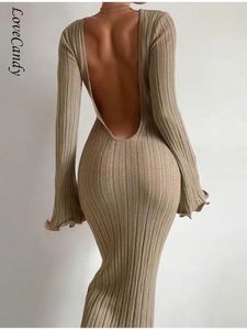 Femmes chic Solide tricotée longue robe sexy rond cou rond manche évasée en dos sans dossier de la plage d'été de la plage