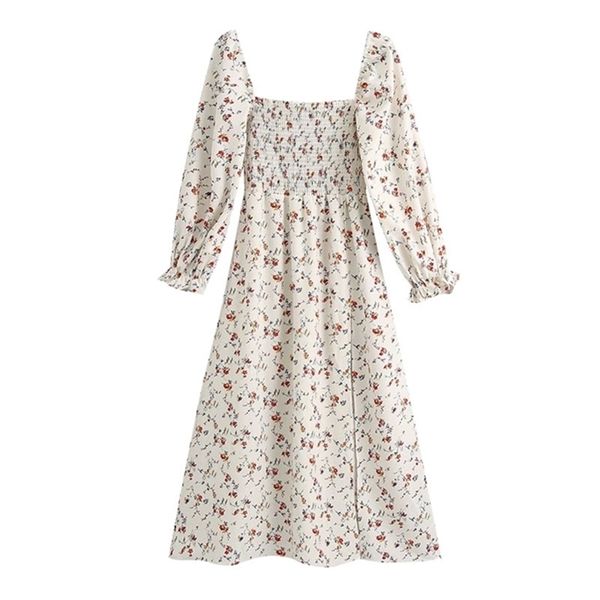 Femmes Chic Élégant Floral Imprimer Élastique Poitrine Robe Vintage Col Carré À Manches Longues Robes Ouvertes Femme Robes 210531