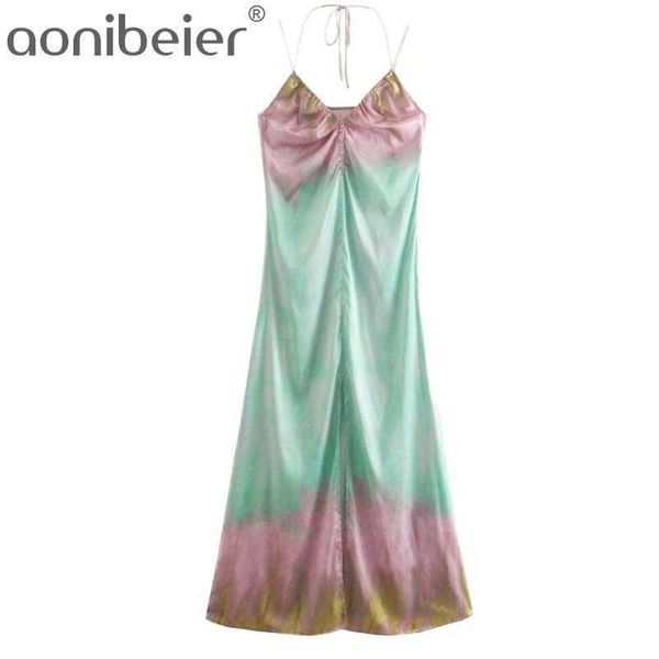 Femmes Chic Tie-dye Imprimer Front Slit plage Midi Robe vintage Backless Minfles STACHES FEMMES VESTIDOS MUJER 210604