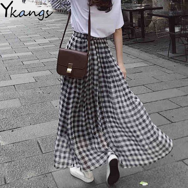 Femmes Mousseline de soie A-ligne Noir Blanc Jupe à carreaux Été Taille haute Longue plissée Maxi Jupes Femme School Girls Vêtements Streetwear 210619