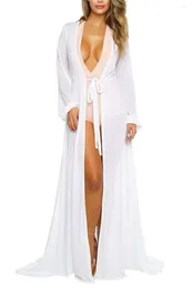 Vrouwen Chiffon Bikini Cover Ups losse lange mouw Deep V Neck See-through Wapped Dress Sexy Lace-Up Front Swimsuit