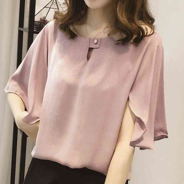 Blusa de gasa para mujer Camisa de manga corta Color sólido Casual Talla grande Oficina Blusa O Cuello Elegante Volantes coreanos Top L220705