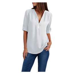 Dames chiffon blouse tops zomer v-hals halve rits korte lantaarn mouw losse effen overhemdblouse