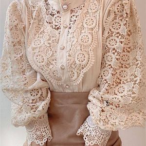 Dames Chiffon Button Turtleneck Shirt Chique Elegant Bloemen Kant Pluizige Lange Mouwen Top Mode Holle Oversize Witte Blouse 220407