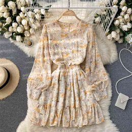 Vrouwen chiffon jurk Koreaanse mode lente zomer korte O-hals lange mouw bloemenprint elastische taille casual 210603