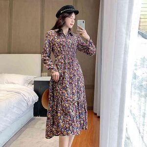 Femmes robe en mousseline de soie Vintage imprimé floral à manches longues col en V décontracté robes lâches femme Boho robes printemps été 210423