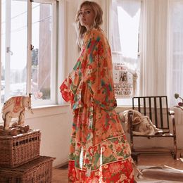 Femmes en mousseline de soie Kimono Cardigan Floral Imprimé À Manches Longues Ceinture Casual Lâche Long Outwear Mince Cover Ups Beachwear Plus La Taille 210308