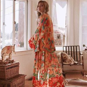 Mujeres gasa kimono cardigan floral impreso cinturón de manga larga casual suelto largo outwear cubierta delgada ups ropa de playa más tamaño 210326