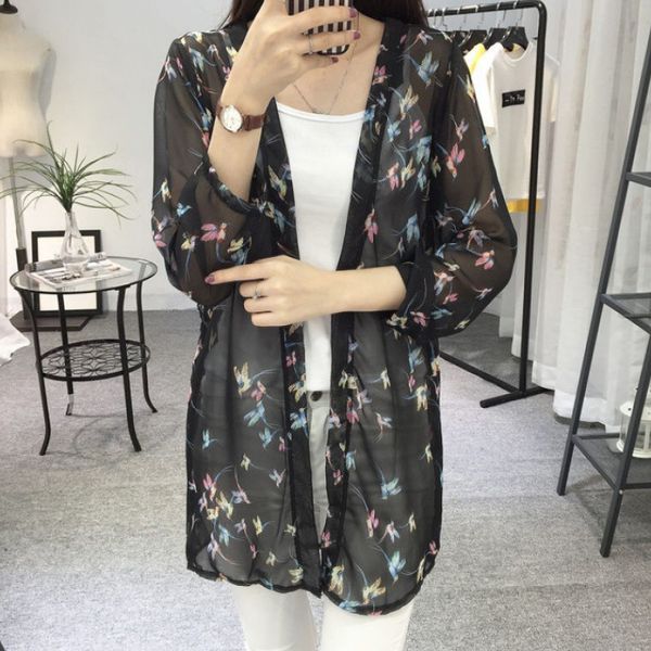 Cárdigan tipo Kimono de gasa para mujer, blusa de manga larga con estampado Floral, blusas largas para cubrir la playa de verano, blusas holgadas estilo bohemio para mujer