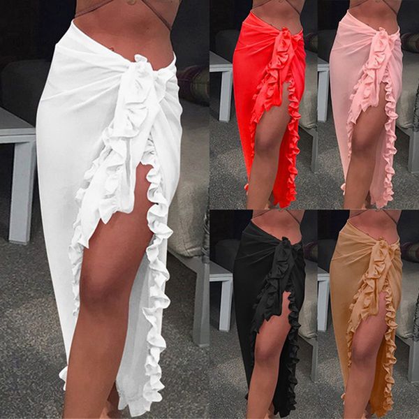 Femmes mousseline de soie transparent plage Bikini couvrir crème solaire écharpe châle maillots de bain Sarong robe solide à volants tenue décontractée