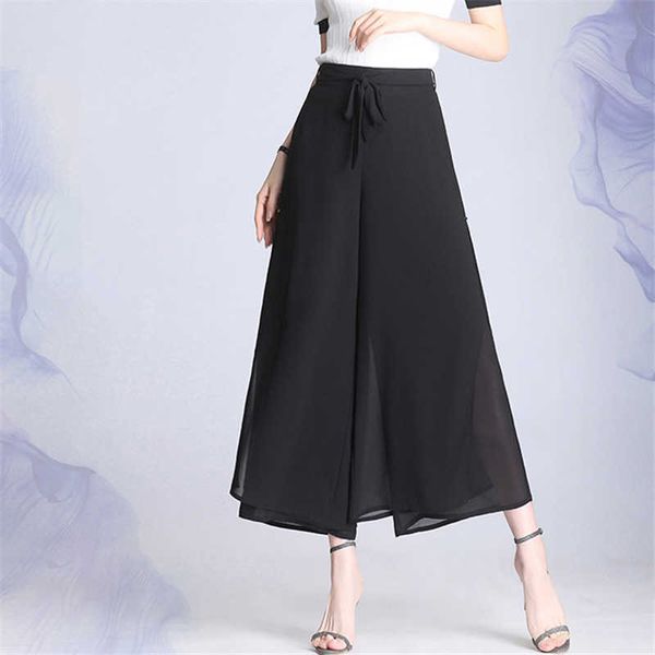 Femmes en mousseline de soie fente neuf pantalons à jambes larges été taille haute décontracté lâche Culottes bohême jupe pantalon Q0801