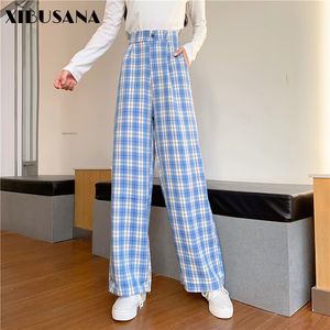 Vrouwen chiffon wijde been broek lente zomer vrouwelijke hoge taille losse casual plaid broek lange broek streetwear plus size 4XL 210423