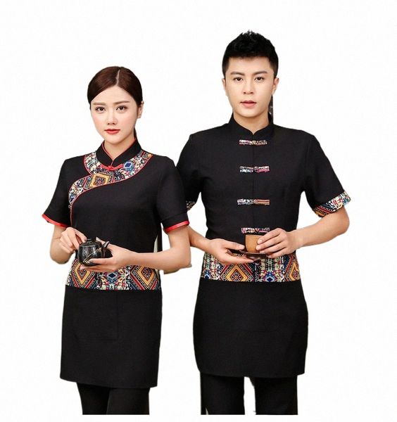Femmes chinois restaurant serveur uniforme hôtel café stalle salopette à manches courtes serveur uniforme café-restaurant service alimentaire tenue s9lw #