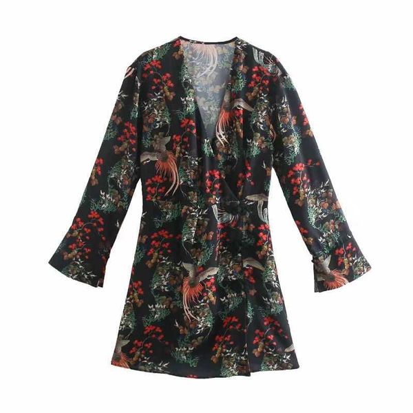 Femmes style chinois imprimé robe col en v manches longues robe courte Vintage élégant Chic dame mode femme robes 210709