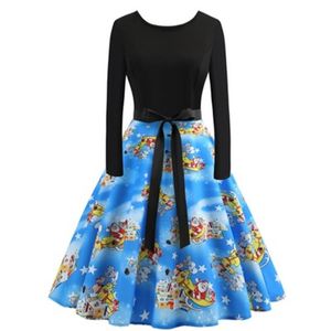 Femmes Noël Rétro Grande Jupe Swing Mode Tendance Col Rond Robes À Manches Longues Casual Lâche Femelle Contraste Couleur Dos Nu Robe Imprimée