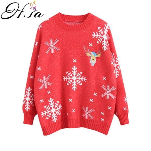 Suéter y jerséis de Navidad para mujer, ropa de punto de invierno con ciervo copo de nieve informal, jerséis rojos de dibujos animados de gran tamaño 210430